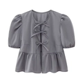 Grey puff short sleeve blouse with front bow ties and peplum hem on white background - Gray