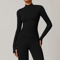 Slim fit black yoga jacket with stand collar and thumbholes for athletic women - S / Premium Black