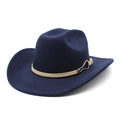 Detailed close-up of navy blue wool felt cowboy hat with khaki band and gold buckle - M (56-58cm) / Navy Blue