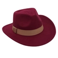 Close-up of wine red jazz fedora hat with a light brown ribbon band detail - One Size / Burgundy
