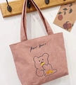 Rosafarbene Cord-Einkaufstasche mit Bärenstickerei für Damen, lässige Schultertasche - Bär Keks Rosa