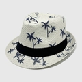 White straw fedora hat for men featuring navy blue coconut tree print and black ribbon band - M / White