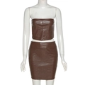 Brown crocodile embossed PU leather two-piece set with tube top and mini skirt - S / Camel