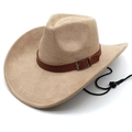 Detalle de sombrero vaquero caqui en ante sintético con cinturón de cuero y barbiquejo - M(56-58cm) / Beige