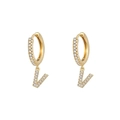 Minimalist gold hoop earrings with sparkling V-shaped letter pendant and inlaid zircons - Letter V / Gold