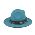 Cyan wool fedora hat with ethnic beaded band, turquoise stone and silver tassel charm - 10-Teal