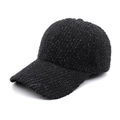 Detailed close-up of black tweed baseball cap with shimmering silver metallic thread - Black