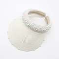 Detail of white woven sun visor hat with faux pearl embellishments on brim and headband - Milk White