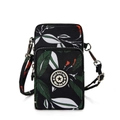 Black crossbody phone bag with tropical leaf print and adjustable nylon shoulder strap - Leaf