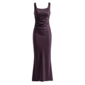 Dunkelviolettes ärmelloses Fishtail-Kleid mit Karree-Ausschnitt, Seitenfalten und schmaler Passform - XS / Dunkelbraun