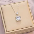 Elegant titanium steel necklace with square diamond pendant and small crystals - 6067 Rectangle Drop Zircon / Silver White Zircon