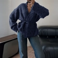 Elegant dark blue wrap knit cardigan with long wide sleeves and waist tie detail - S / Navy Blue