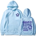 Light blue oversized hoodie with vintage Ocean Beach surf print and drawstring hood - S / Light Blue (Dark Blue Print)
