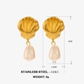 Golden seashell earrings with teardrop pearl in stainless steel for beach vacations - Polished Shell Teardrop Pearl Earrings-Gold 2