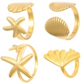 Gold starfish and scallop seashell open rings set with high-polished metal finish - Gold Ocean Ring Set of 4