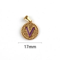 Golden stainless steel letter V charm with purple enamel and 17mm textured border - Letter V