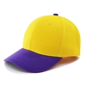 Detail view of a two-tone cotton baseball cap in yellow and purple with twill texture - Deep Purple Brim Yellow