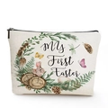 Close-up of linen makeup bag with My First Easter bunny watercolor illustration - My First Easter