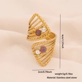 Golden hollow stainless steel ring with round purple and clear natural stones - Spiral Overlapping Dot Texture Four-stone Style (10#)