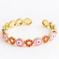 Adjustable golden open bangle with pink enamel evil eye charms and orange zircons - Oval Case Pink