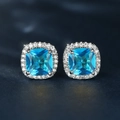 Princess cut blue gemstone stud earrings with halo setting and silver plating - Square Aqua Blue Zirconia