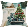 Christmas cushion cover with blue vintage car carrying a tree in snowy forest - YMD15-29 (Blue Vintage Car)