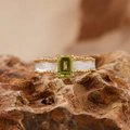 S925 sterling silver ring with square olive green gemstone and golden bead trim - Peridot Square Beaded Edge Style (LR299)