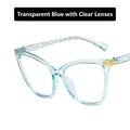 Cat eye glasses frames in transparent blue with gold metal accents and textured arms - Clear Lens/Plain Glasses / Transparent Blue