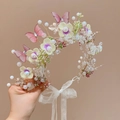 Handmade floral crown with pink butterflies, colorful flowers, and golden leaves hairband - Purple Butterfly Pearl Flower Streamer