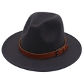 Classic navy blue wide brim felt fedora hat with brown leather belt buckle accessory - Dark Gray