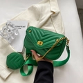 Green quilted chain bag with V-shaped stitching, gold clasp and matching mini round pouch - New Green