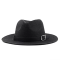 Close-up of black straw fedora with a leather band and silver metal buckle detail - Black