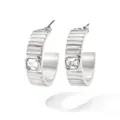 Silver vintage stainless steel hoop earrings with gear texture and single square zircon - Square White Zirconia Silver Earrings (PDE995) / Silver White (PDE995)