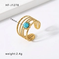 18k gold plated stainless steel layered ring with turquoise stone in golden finish - Five-Layer Ripple Turquoise Style (HF-J1278)