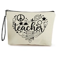 Borsa per trucco in tela beige per insegnante con cuore nero e cinturino a mano - 17x25cm / Stile di Stampa Insegnante (SN-549)