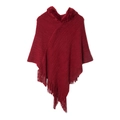 Women's red knitted poncho with faux fur collar and fringed hem in twill pattern - Burgundy