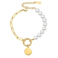 Elegante pulsera de cadena paperclip chapada en oro 18KGP con perlas blancas y dije redondo - Dorado