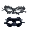 Set of two black masquerade masks featuring intricate lace and glossy sleek finishes - Black Flower Fox Lace Mask + Sleek Plastic Mask