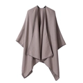 Women's minimalist double-sided striped poncho cape in light brown and taupe color - TR Reversible Solid-Light Khaki