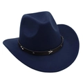Close-up of a blue felt cowboy hat featuring a brown leather strap with star metal buckle - Navy Blue (Star Band)
