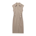 Ärmelloses khakifarbenes Polokleid mit Umlegekragen und Knopfleiste vorne - XS / Khaki