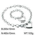 Silver chunky chain jewelry set with large heart pendant and thick curb links - Steel Color Jewelry Set