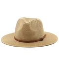 Sombrero fedora de paja color caqui con banda de cuero para protección solar estival - M(56-58cm) / Caqui