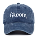 Macro detail of white Groom embroidery on navy washed cotton vintage baseball cap - Groom / Navy Blue