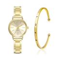 Elegant gold quartz watch with matching LOVE engraved metal cuff bracelet set for women - Gold Watch LOVE Open Bangle Set