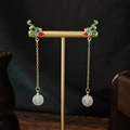 Chinese retro long drop earrings with colorful enamel floral details and white beads - Three-color Enamel Craft Round Bead (E992-1)