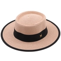 Elegante cappello di paglia a tesa larga con nastro nero e logo M in metallo dorato - M (56-58cm) / Rosa