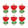 Detail view of 6 red rose alloy charms with gold edges in a 2x3 grid for DIY jewelry - Red Bud with Leaf