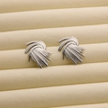 Modern silver fan-shaped titanium steel earrings with fine textured radial lines - R199 3D Swirl / Steel