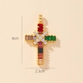Detail showing gold plated cross pendant with colorful baguette stones and size measurements - Style J-Multicolor Zirconia Cross